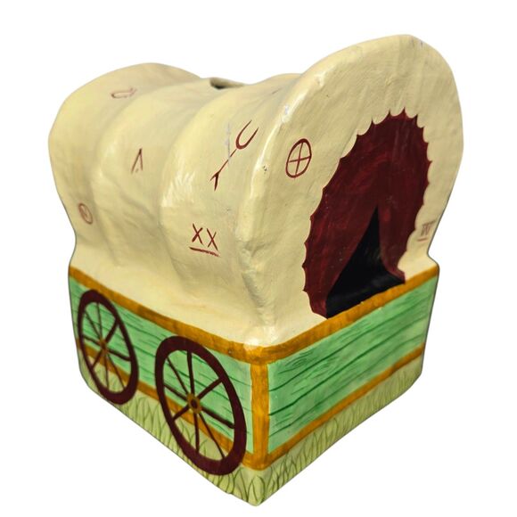 CLAY ART Covered Wagon Hand Painted Papier Mache Tissue Dispenser Box Cover - Picture 6 of 15